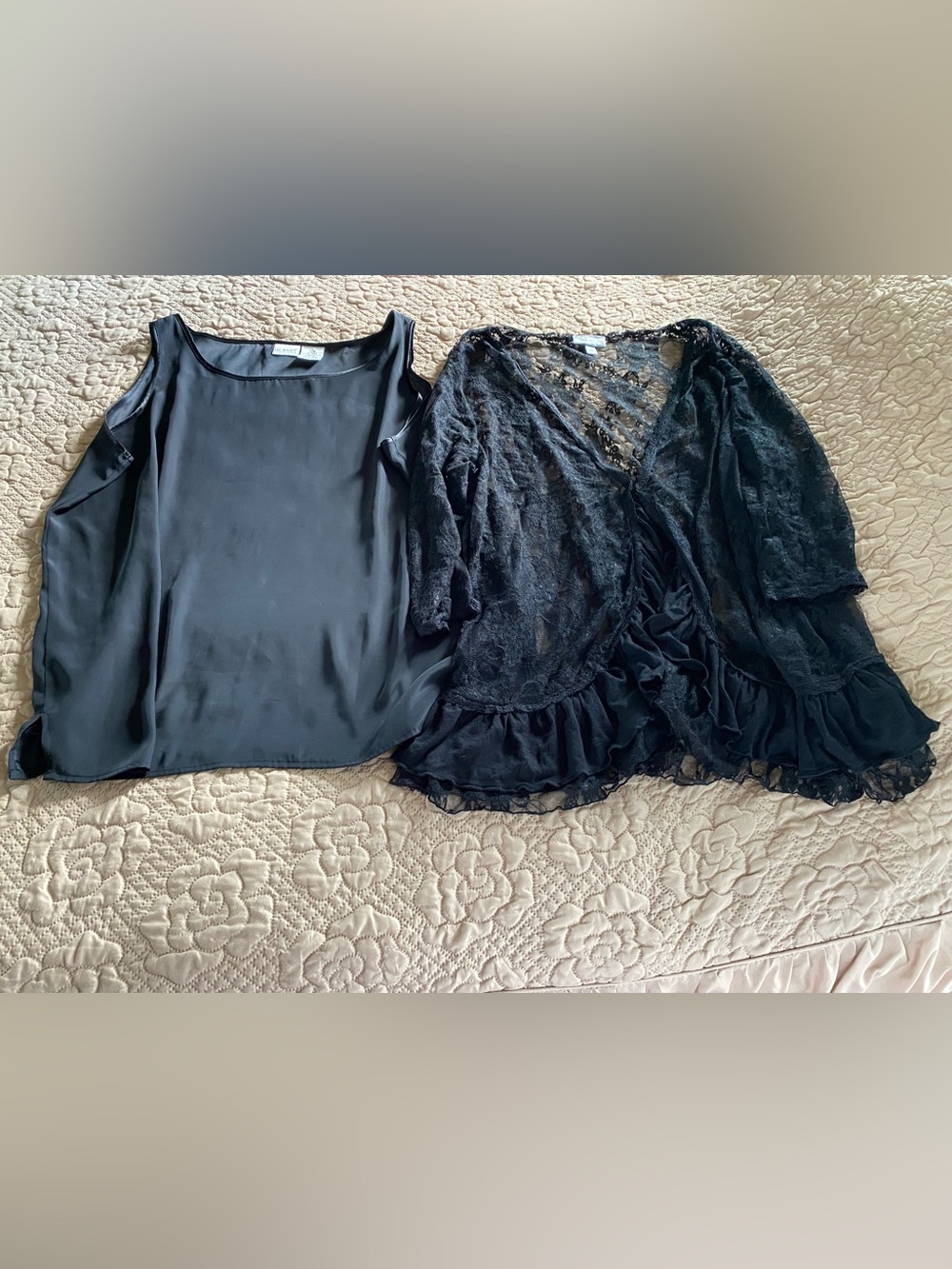 Black lace long sleeve shirt see through and sleeveless silky shirt